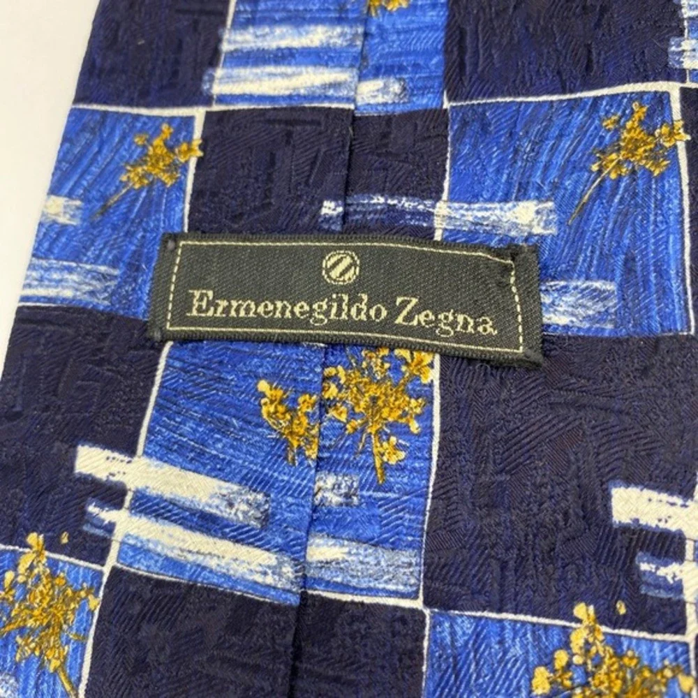 Ermenegildo Zegna Mens Silk Tie Necktie Navy Boho Floral Check Preppy Italy Made